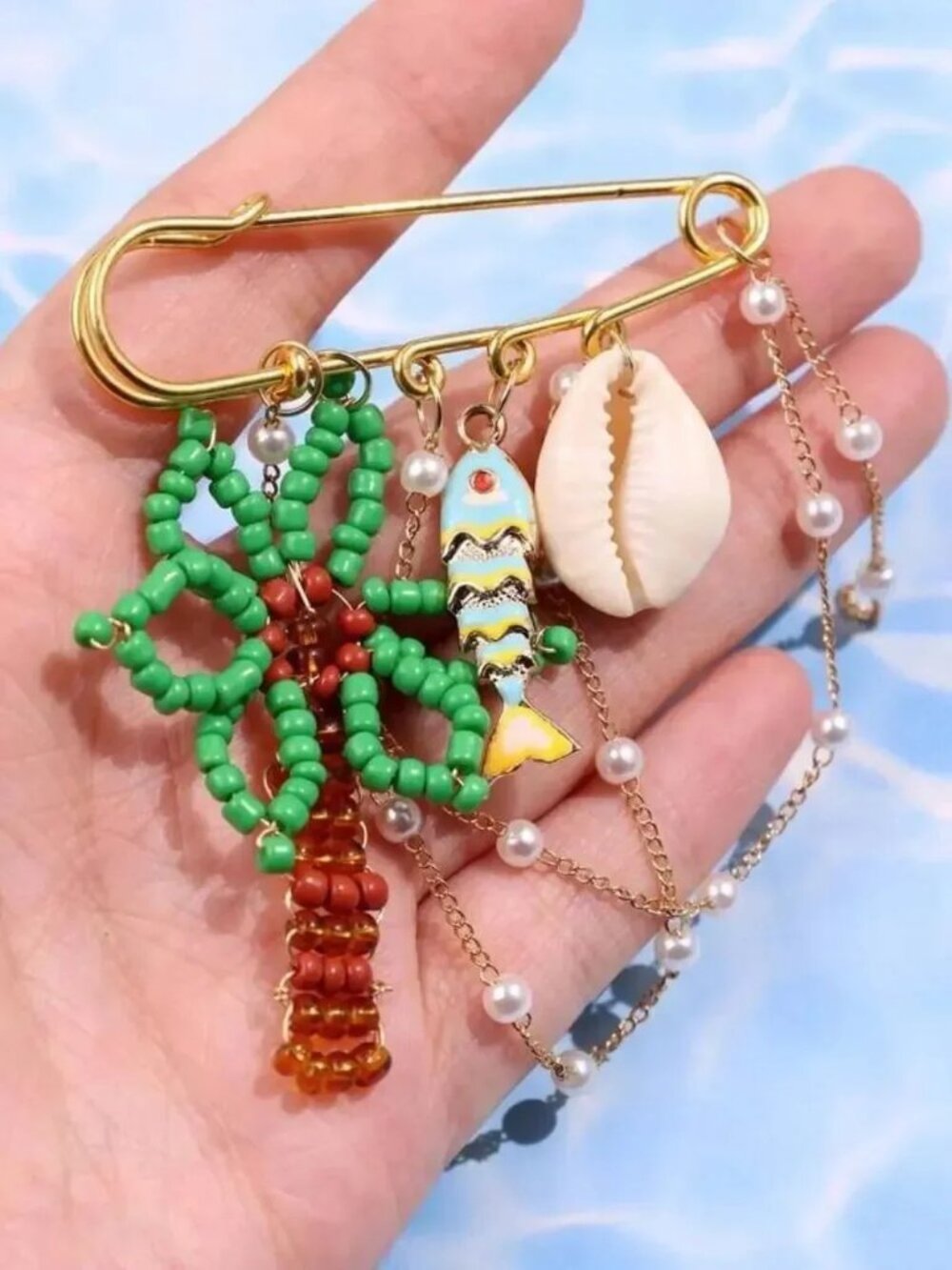 Gold Palm Tree & Shell Beaded Brooch R713 - Picture 3 of 3
